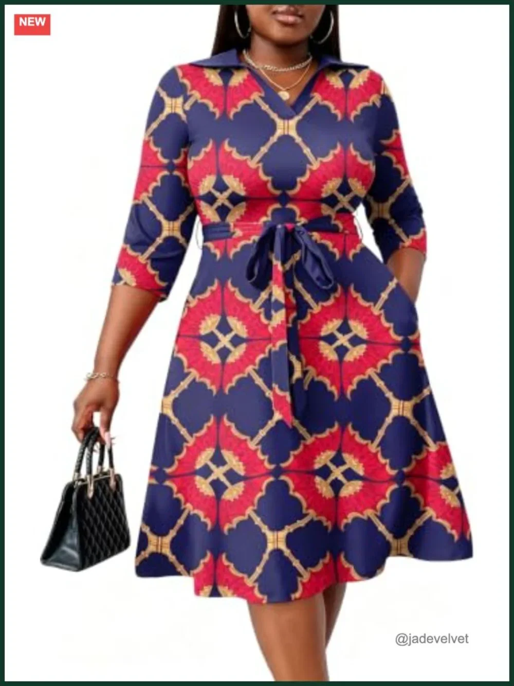 Plus Size Midi Dress Women Casual Fit Flare African Print with Pockets Belt